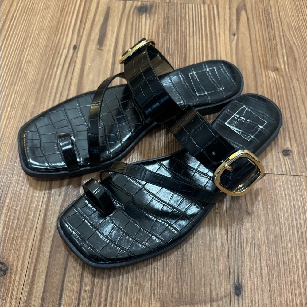 Dolce Vita Black Croc-Embossed Toe-Ring Slides with Gold Buckle